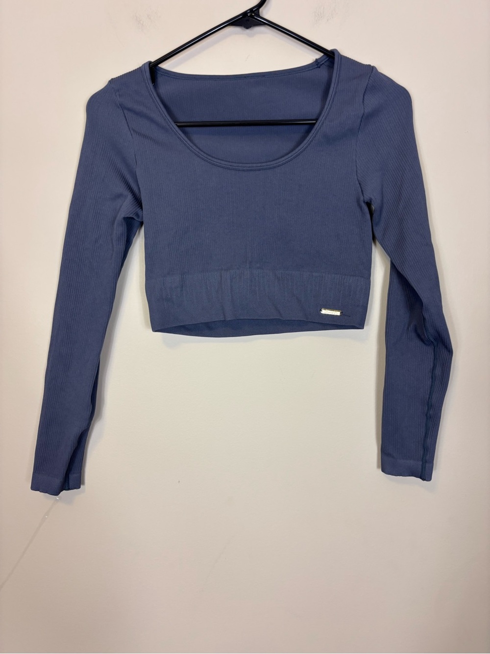 YoungLA Ribbed Scoop Neck Long-Sleeve Cropped Top Slate Blue Workout Top XS